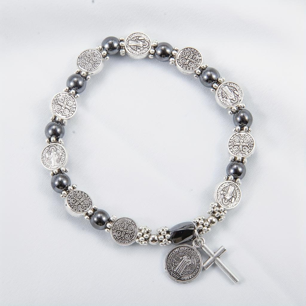 1Handmade Catholic Rosary Bracelet with Benedict Cross Medal Pendant and Cross Ornament Adjustable Rosary Beads Suitable for Baptism, Confirmation,