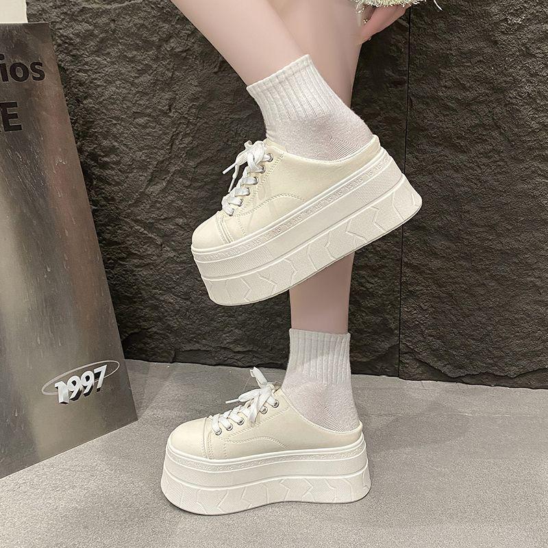 Women's White Thick-Soled Platform Mules - Closed-Toe, Backless, Petite Height Boost, Spring/Summer