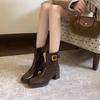Platform short boots women's high heels autumn and winter velvet new belt buckle thin boots square head thick heel Martin boots