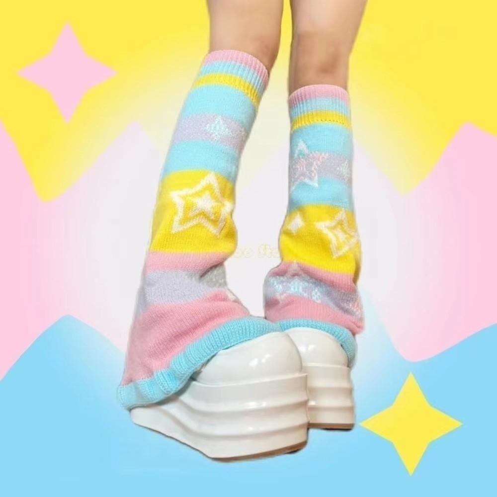 1 paio Scaldamuscoli Colore Caramella Jacquard con Motivo a Stella Calzettoni Lunghi Dolci Calzini Lavorati a Maglia Donna Ragazze