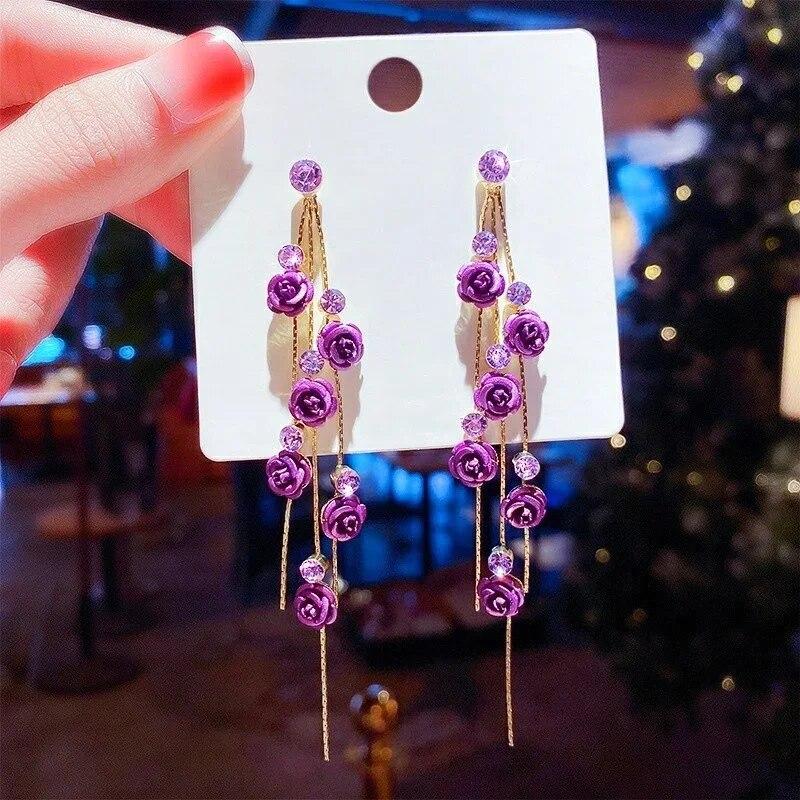 Women Versatile Rose Earrings Alloy Long Tassels Elegant Temperament Eardrop