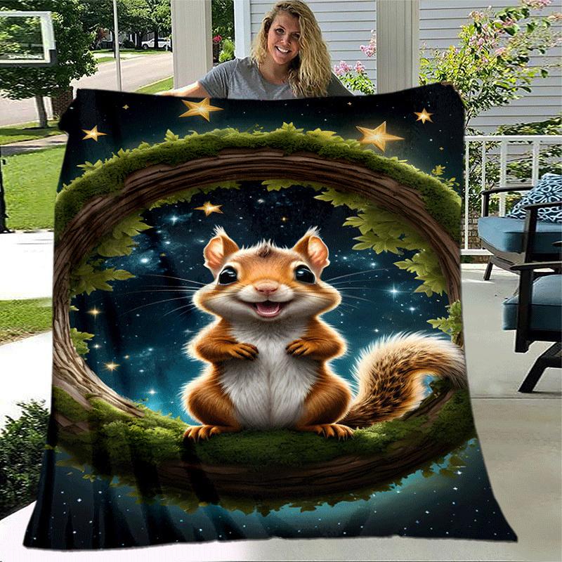 1pc Squirrel Printing Lightweight Flannel Blanket, Comfortable and Warm Blanket, for Camping Sofa Bed and Couch Office, in All Seasons