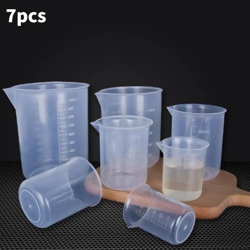 7PCS Transparent Measuring Cups for Kitchen Laboratory Test Beaker with Scale 50/100/150/200/250/500/1000ML Clear Plastic Cups. Light Grey