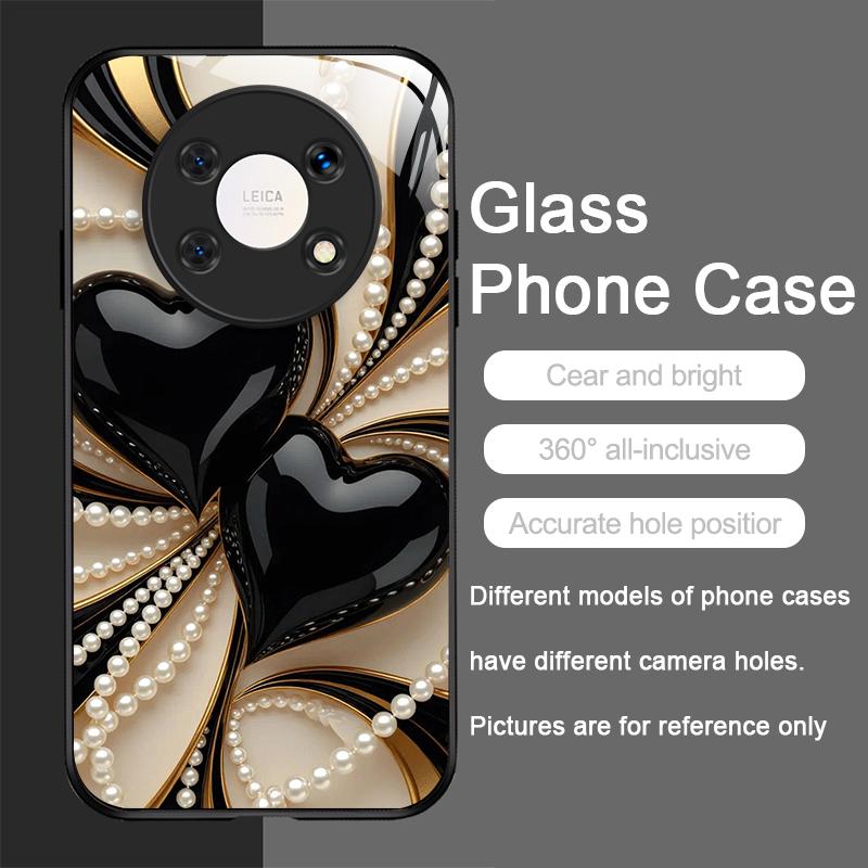Stylish Black White Heart with Pearls Tempered Glass Phone Case for Huawei Nova 13 12 SE 11 10 Pro Mate 40 30 P60 P50 P40 Covers