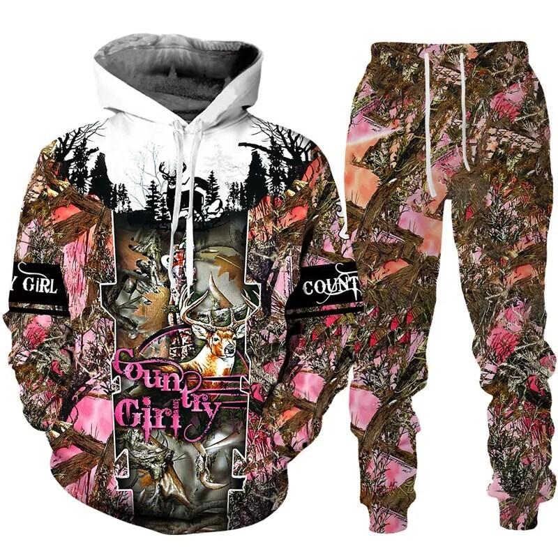 Country Men Deer Hunting Hoodies 3D Print Tracksuit Set Men's Hoodie Pants 2pcs Set Fashion Camo Streetwear Pullover Clothes