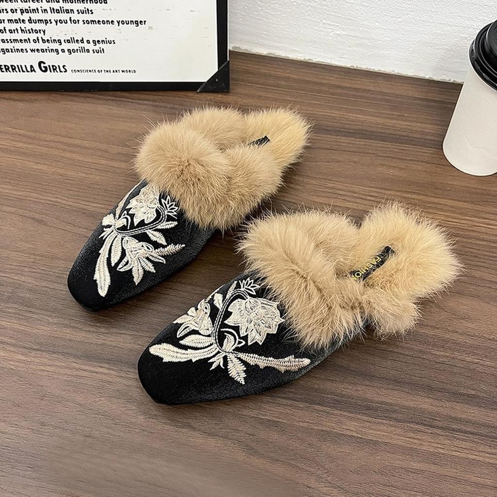 Slipper Damen Stickerei Pantoletten mit Plüsch Lamm Samt Hausschuhe Offen hinten Spitz Zehen Pantoletten