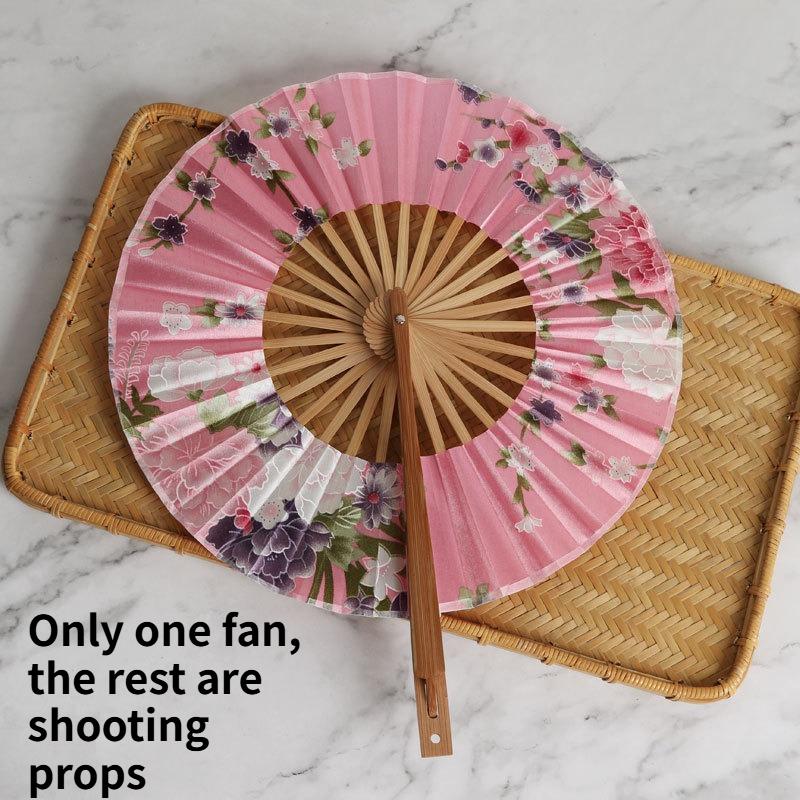 Japanese Style Folding Fan Bamboo Round Windmill Fan Portable Hand Fan for Cosplay Anime Daily Use and Outdoor Carrying
