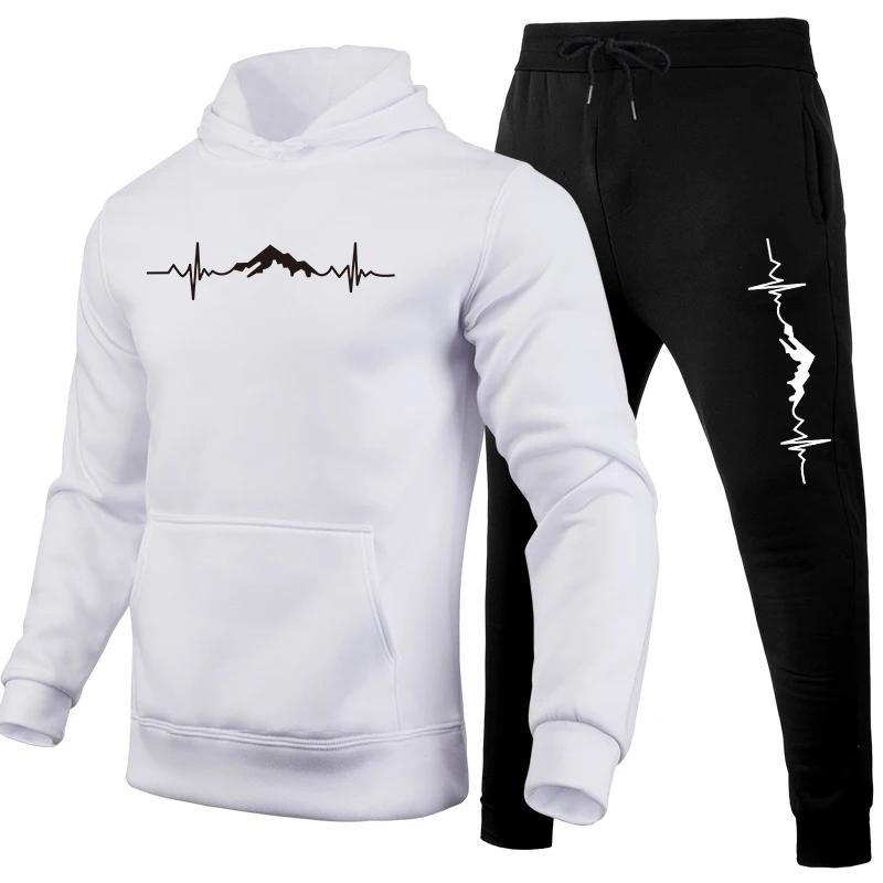 Sportswear 2pcs Set Women Hoodies Black Sweatpants Mountain Print Tracksuit Women's Daily Casual Sports Hooded Jogging Suits