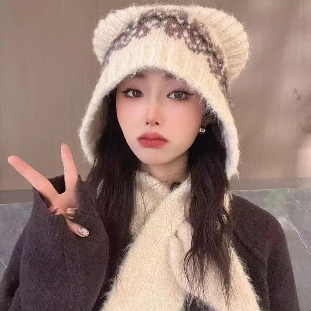 Cat Ear Warm Knitted Hat Pullover Style Windproof Balaclava Hat Thickened Ear Protection Women's Knitted Scarf Hat