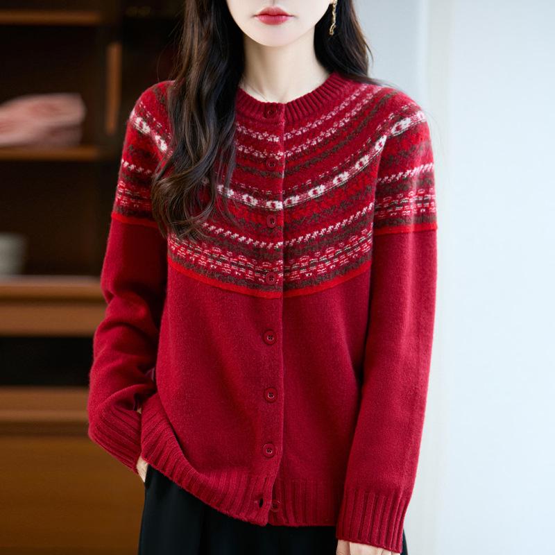 2025 Autumn/Winter 100% Wool Fair Isle Thick Cashmere Cardigan Sweater – Small Fragrance Style