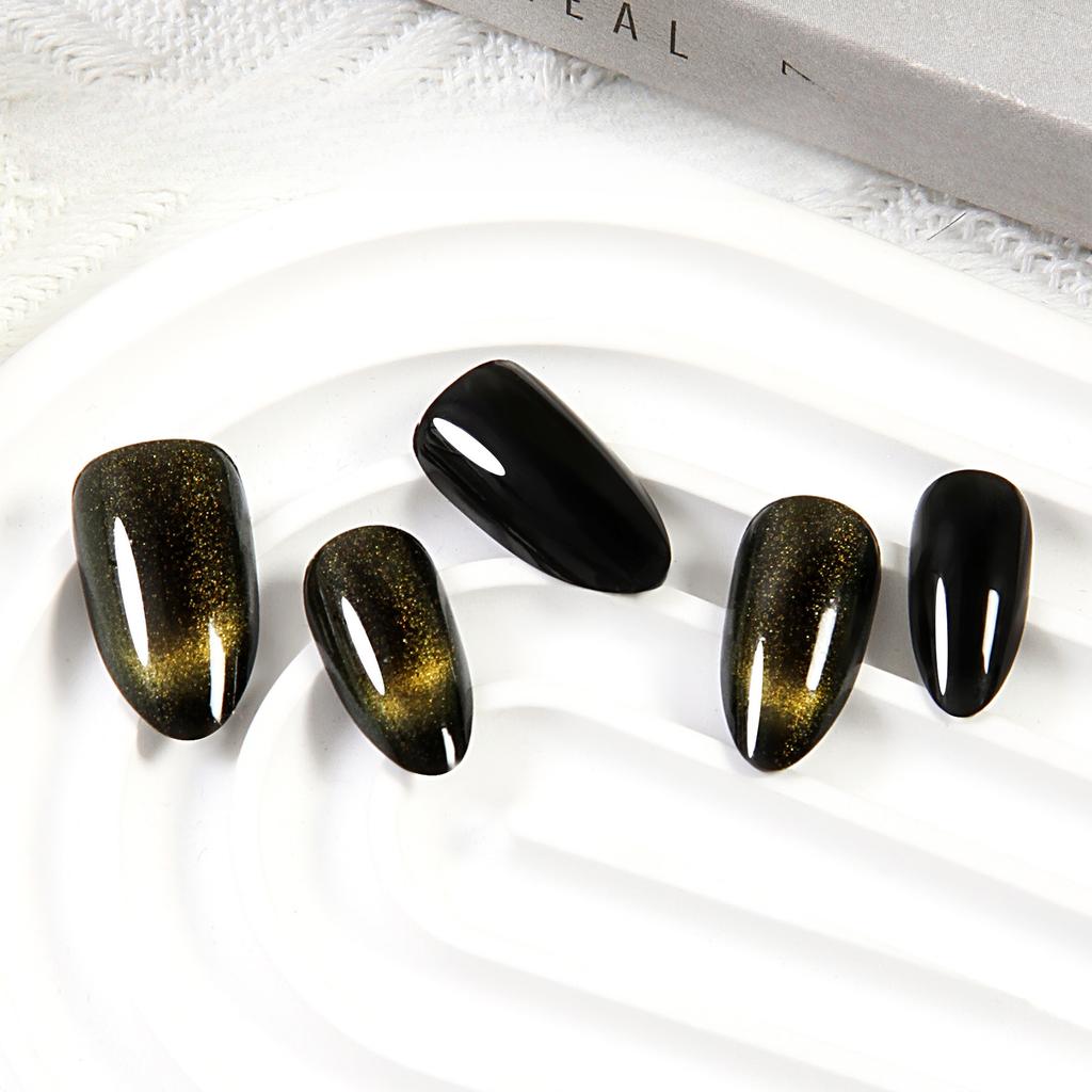 Black French Cat Eye Wear Armor Solid Color Almond Nail Finished Nail Patch 24 Pieces European and American