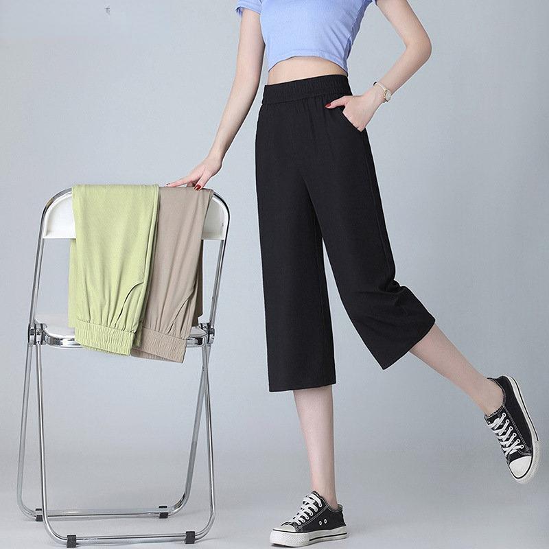 2022 Summer Fashion Chic Slim Fit Wide Leg Trousers Solid Casual Elastic High Waist Loose High Street Trend Capris Pants Women