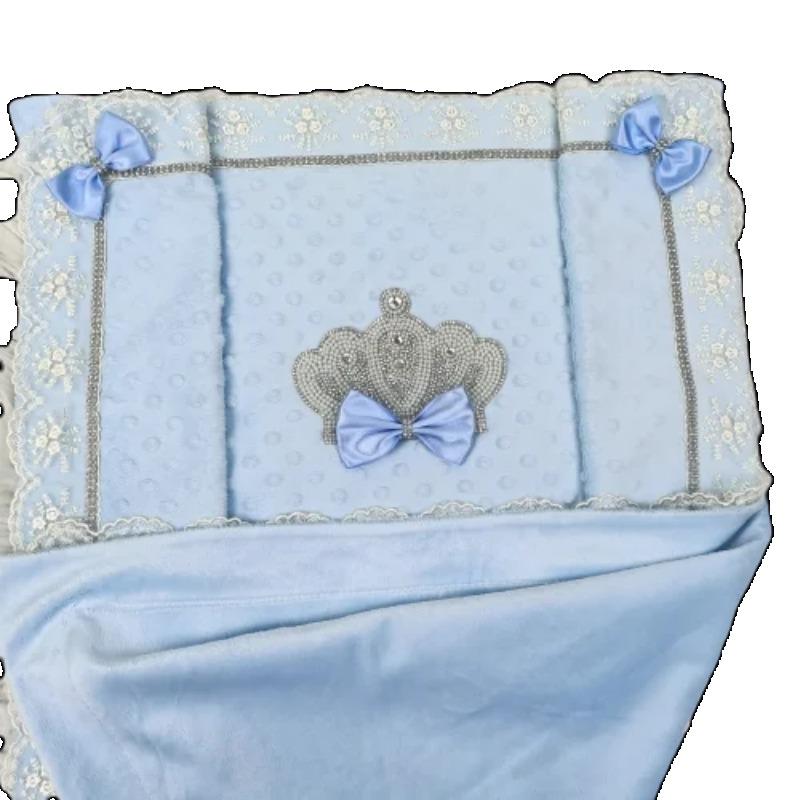 Dreamy Fairy Tale Style 3D Rhinestone Crown Embroidered Lace Soft Dot Fleece Baby Warm Blanket