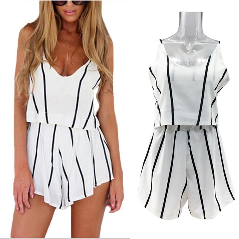 Elegant Striped V-neck Backless Two-piece Outfit Suits For Women In Summer