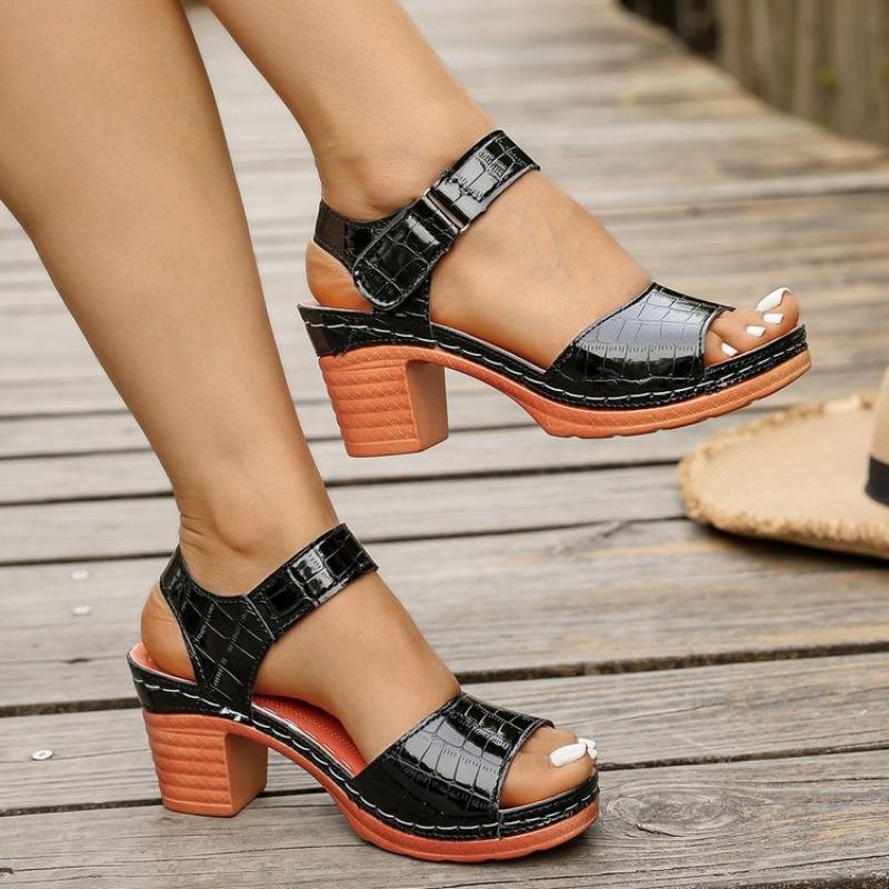Patent Leather Square Heel Sandals Summer New Round Head Open Toe Sewing Line Waterproof Platform High Heels