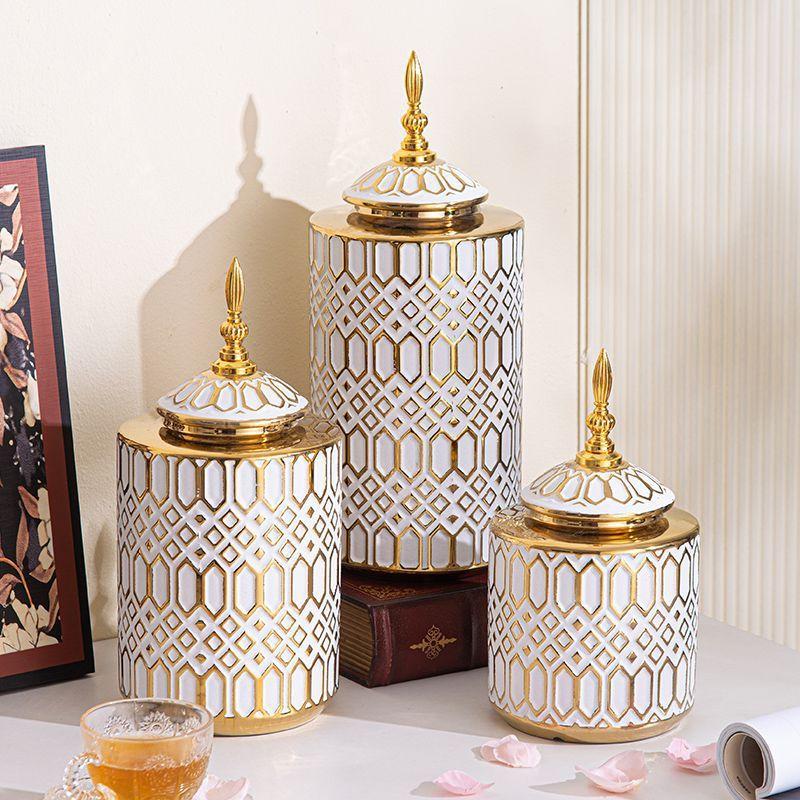 Geometric Golden Striped Ceramic Vase General's Jar with Lid Sealed Storage Tank Ginger Jar Flower Vase Home Decoration