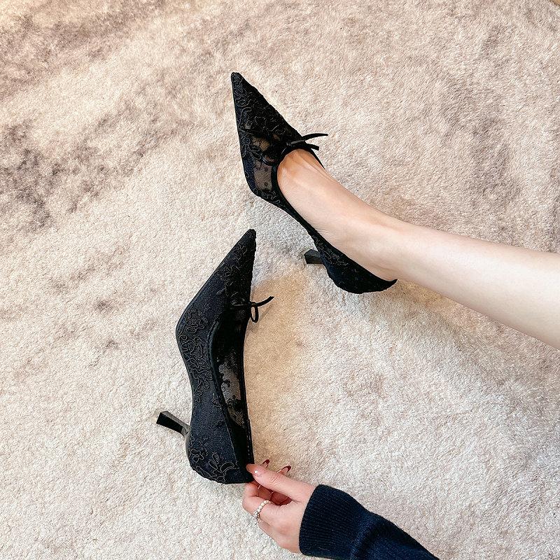 Fashion French Style Lace Pointy Heels Spring Bow Mesh Cloth Stiletto Heels Bridal Party Shoes