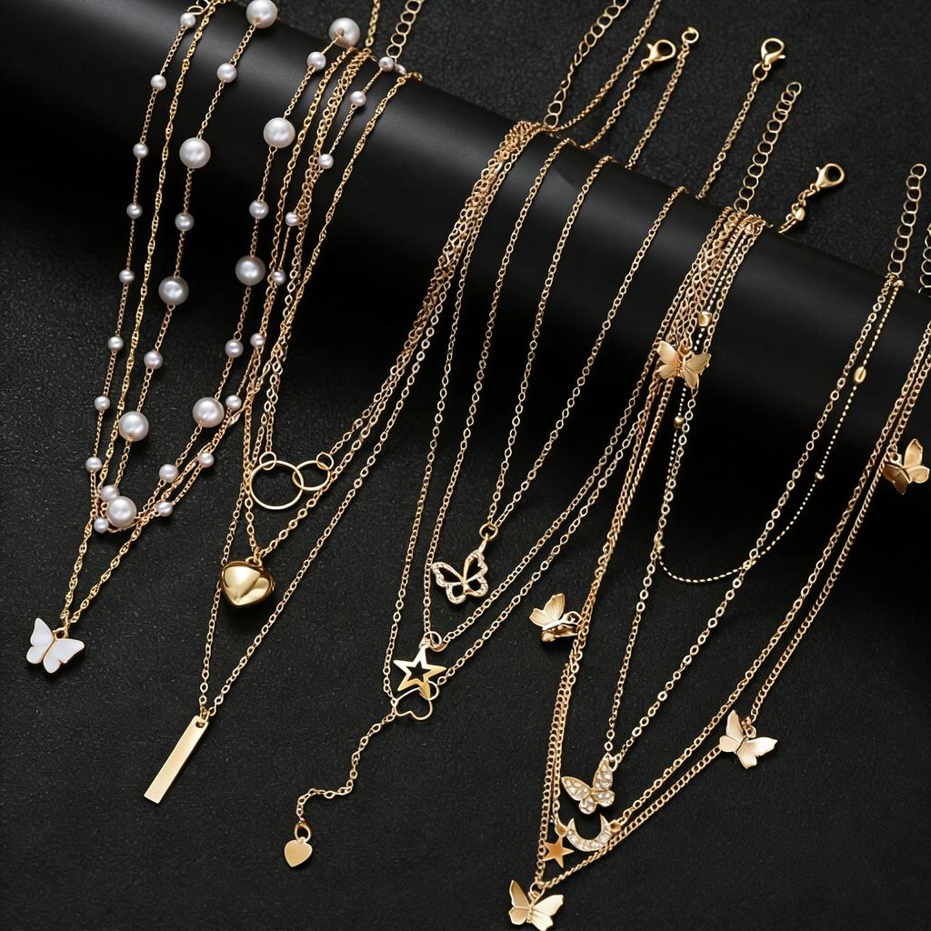 Fashion Elegant Multi-layered Necklace Set for Women Vintage Zircon Pearl Heart Butterfly Star Moon Pendant Necklace Jewelry New