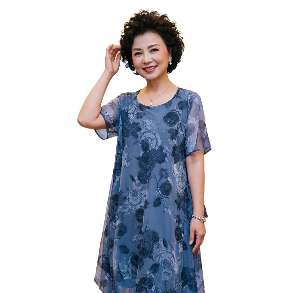 Fattened plus size short-sleeved fat man dress fat mm women's clothing loose and thin foreign mother clothing mesh floral skirt