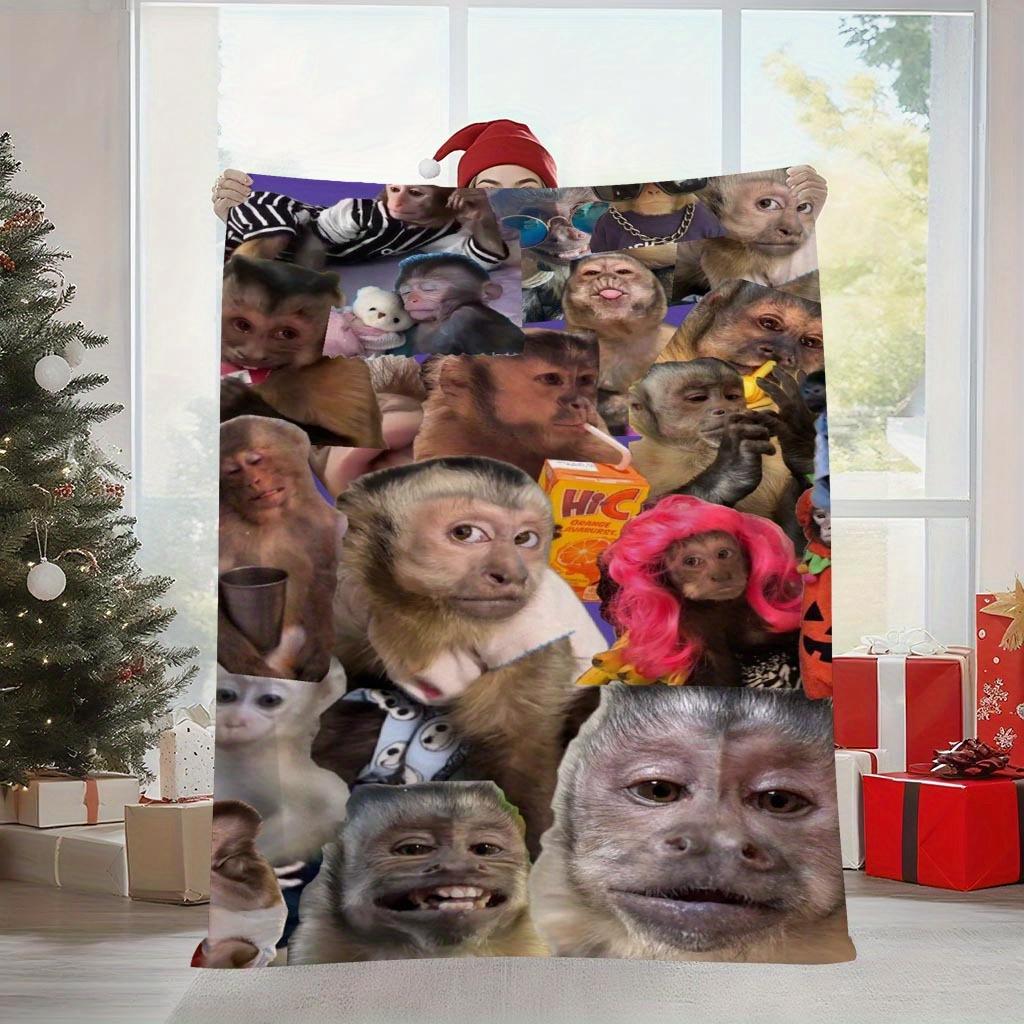 

1pc Funny Monkey Meme Collage Flannel Blanket 2D Flat Print AllSeason Cozy Throw for Bedroom Living Room Napping Camping 75x100cm