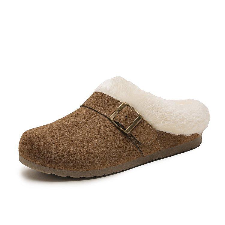 Fleece bag head fluffy Birkenstocks, thickened warm snow half-drag cotton shoes
