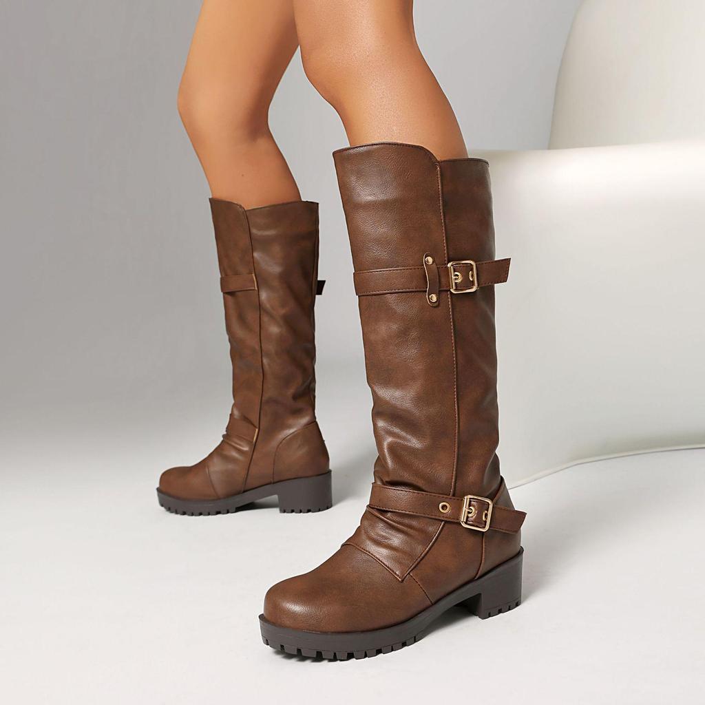 Women's Mid-Calf Buckle Strap Boots, Mid-Heel, Round-Toe, Thick Sole, Plus Size 35-45, Autumn/Winter 2026
