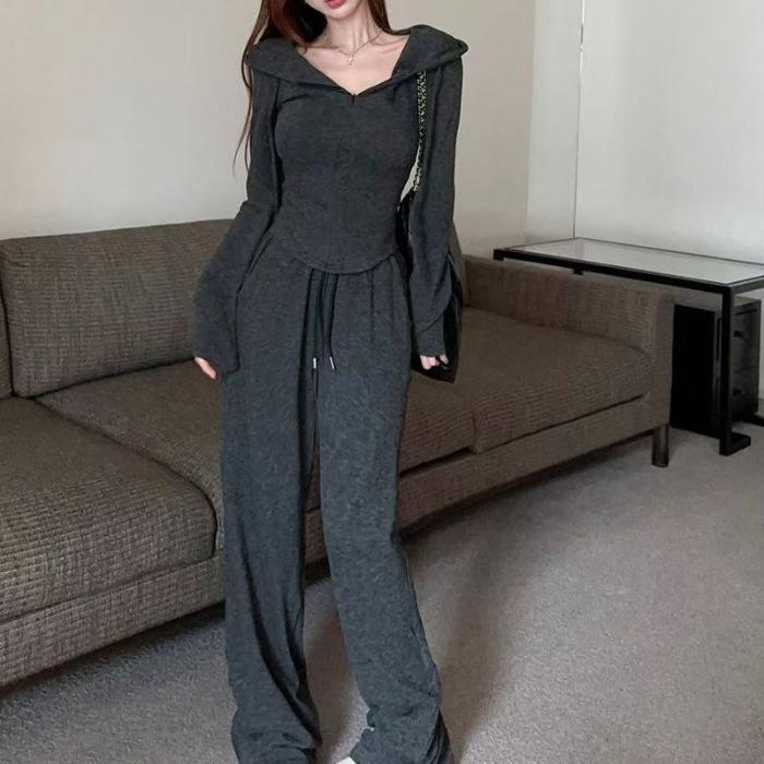 Sports and leisure two-piece set hooded sweater jacket women's spring wide-leg pants trousers new fashion suit