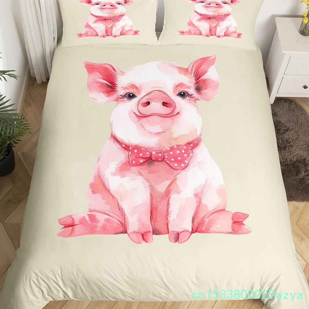 Pink Pig Bedding Set King Queen Sleeping Pig Duvet Cover For Kids Boys Girls Kawaii Animals Comforter Cover With 2 Pillowcases