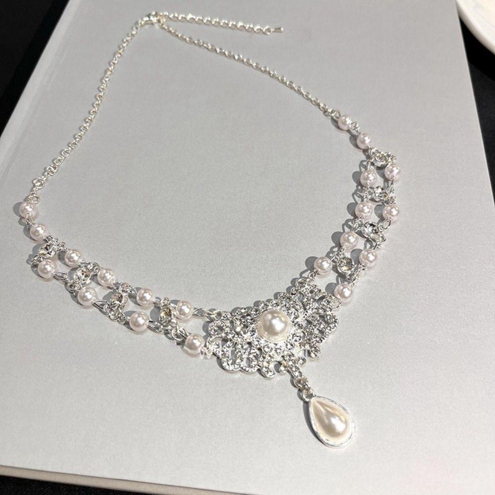 Sparkling Double Layer Necklace Beads Pearl Collarbone Chain Sweet Pearl Rhinestone Necklace Party