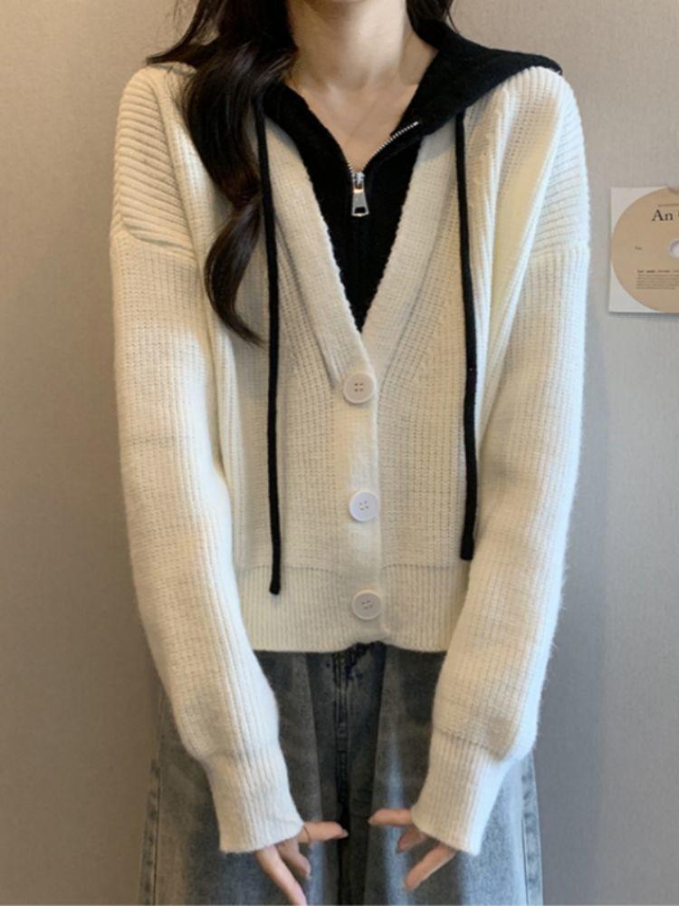 Svetrový kabát ve dvou dílech s kapucí ve větších velikostech pro ženy - Podzimní/zimní zeštíhlující pletený kardigan