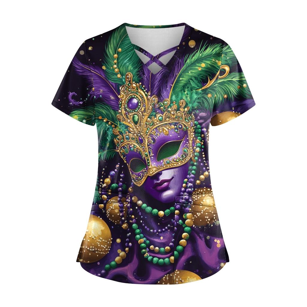 Women's Short Sleeve Stagger V Neck Carnival Print Pocket Dry-nurse Top