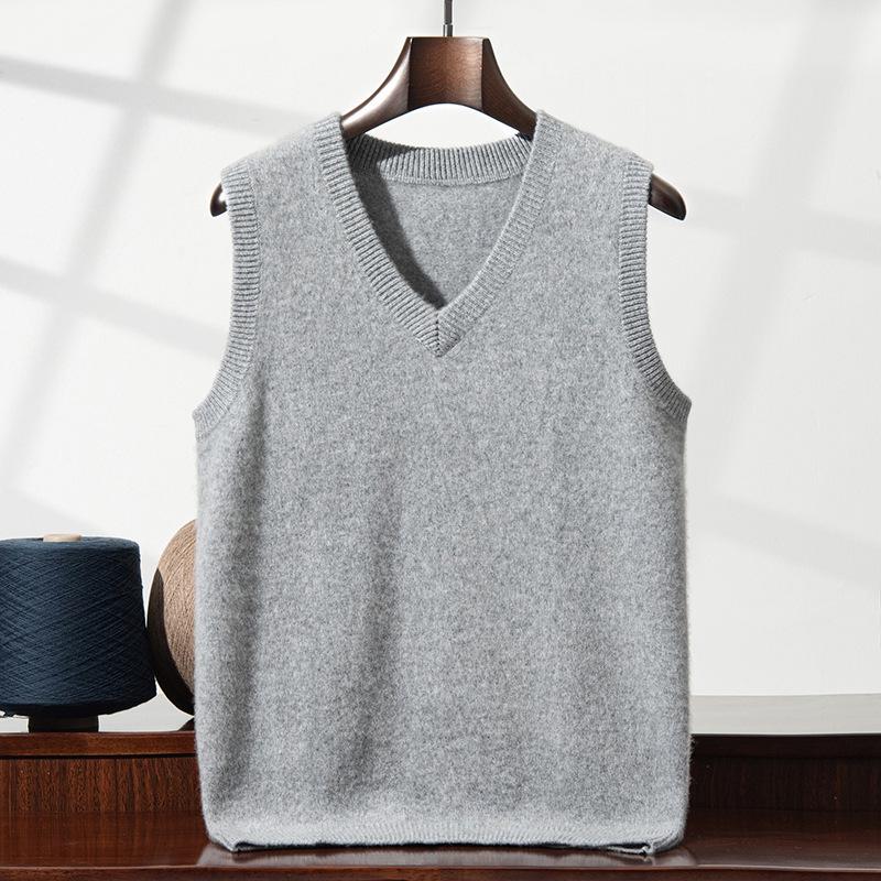 Men's Cashmere V-Neck Sleeveless Vest - Double-Strand, Thick Solid Color Tank for Business Casual Layering