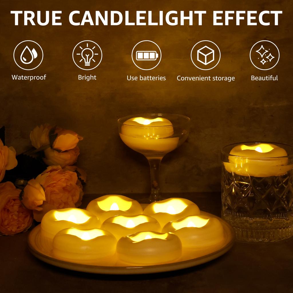 12/24Pcs Floating Candle Lamp Flameless Tea Light Flicker Electronic Waterproof LED Light For Wedding Party Pool SPA Table Decor
