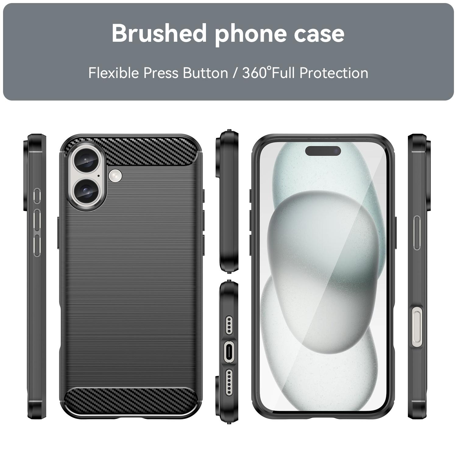 

For iPhone 16 Plus Case Brushed Soft TPU Phone Cover Carbon Fiber Texture Black