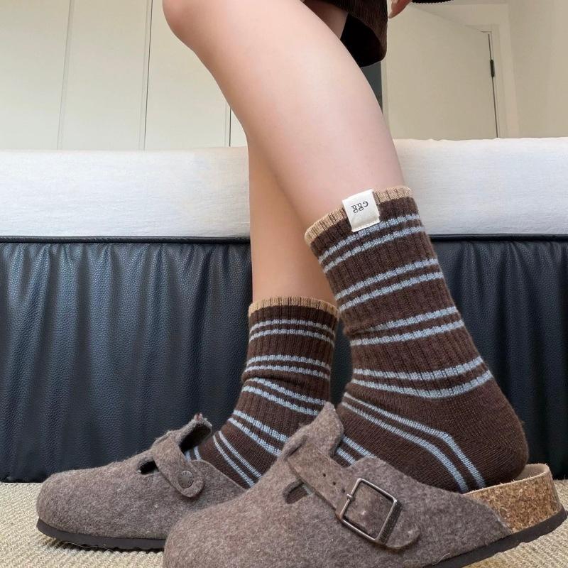 Korean Egg Cloth Label Warm Striped Socks Sheep Wool Mid-Leg Socks Women Versatile Atmosphere Stacked Socks