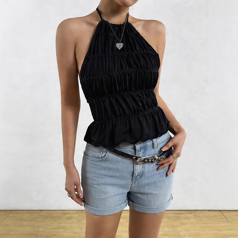 Women Halter Cami Top – Ruched Peplum Crop Top , Sleeveless Summer Y2K Going Out Top