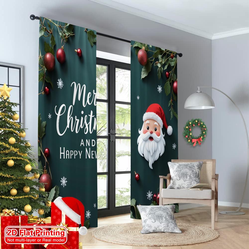 2pcs 2D Flat Printing Merry Christmas Curtains Merry Christmas Happy New Year_a Polyester Without Electricity Festive Holiday