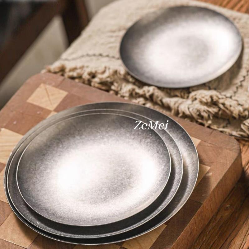 Retro Stainless Steel Circle Dinner Plate,Gray Heat-Resistant Home Steak Plate Dinner Dishes Grill Tray Tableware,Kitchenware