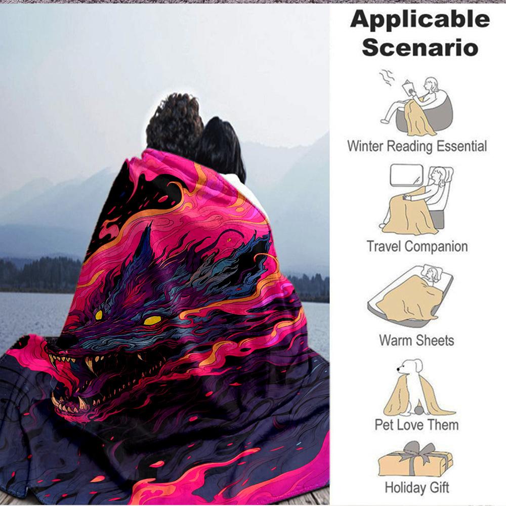 1pc Wolf Flames Blanket, Lightweight Flannel Throw Blanket For Sofa, Bed, Travel, Camping, Living Room, Office, Couch, Chair, And Bed