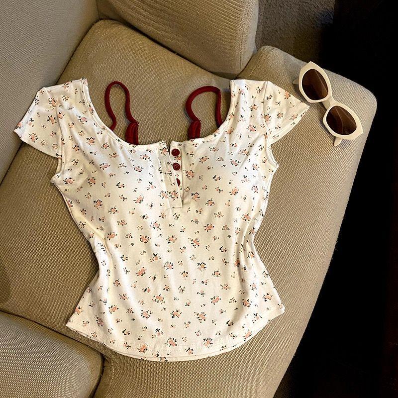 Women's Spicy Girl Two-Piece Floral Camisole T-Shirt with Bra Pads - Slimming Summer Short-Sleeve Top