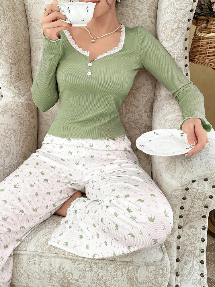 Encaje Encaje Cuello Redondo Corona Manga Larga y Pantalón Largo, Conjunto de Pijama para Mujer, Ropa de Casa