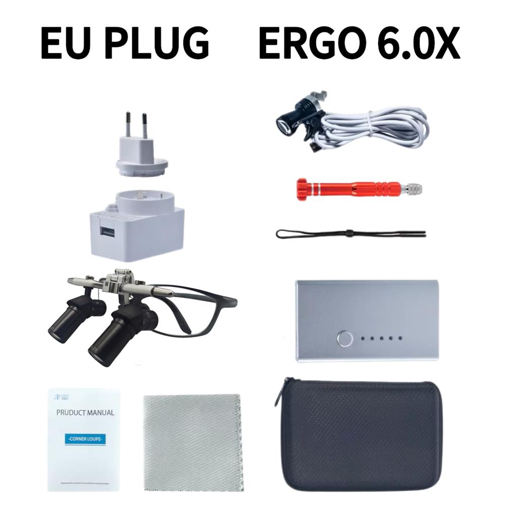 Lupas Ergo Dentales Estructura Óptica de Ángulo de 48° Lupa 4X/6X con Luz LED de 5W Lente Quirúrgica Enchufe UE/EE. UU.