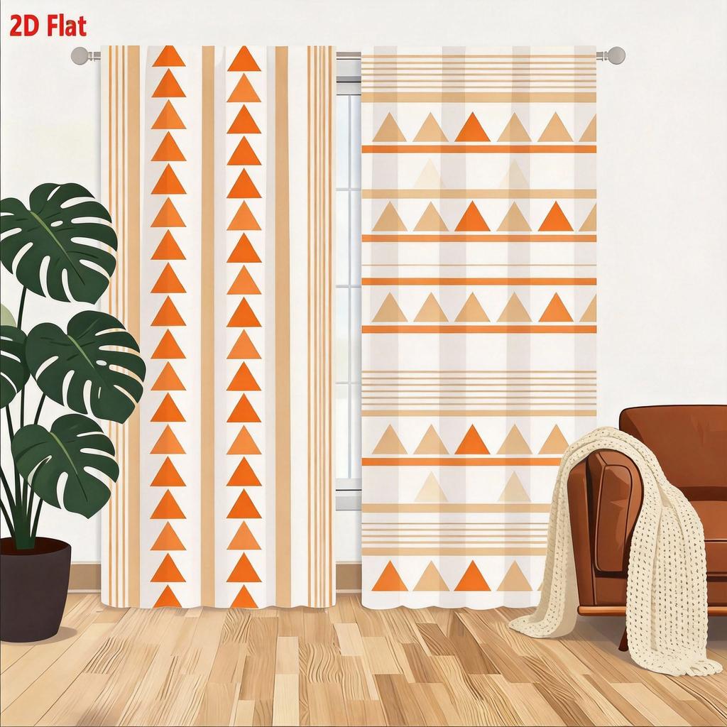 Geometric pattern curtain 2 pieces semicircle and lines on cream background, modern minimalist home decoration