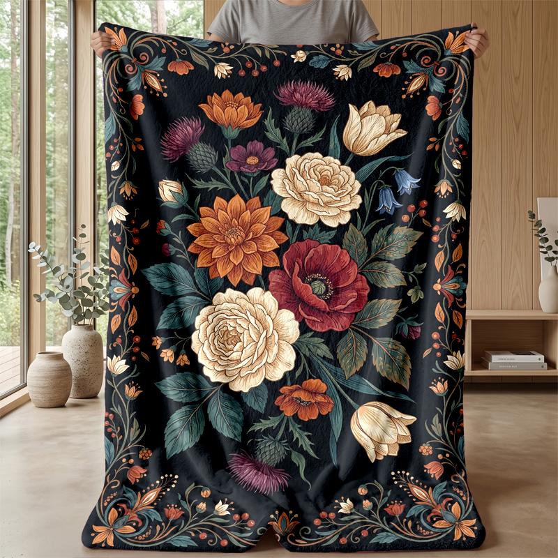 Elegant Floral Frame Theme Blanket Lightweight Warm Flannel Blanket Decorative Throw Blanket for Home Decoration