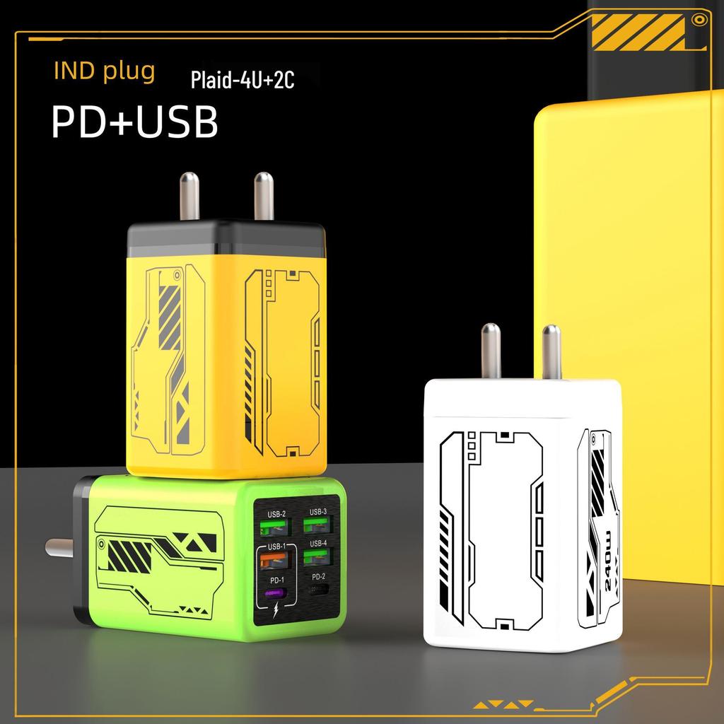Mecha Style PD240W Fast Charger: 4-USB & 2-Type-C Ports, Compatible with Apple & Huawei Devices
