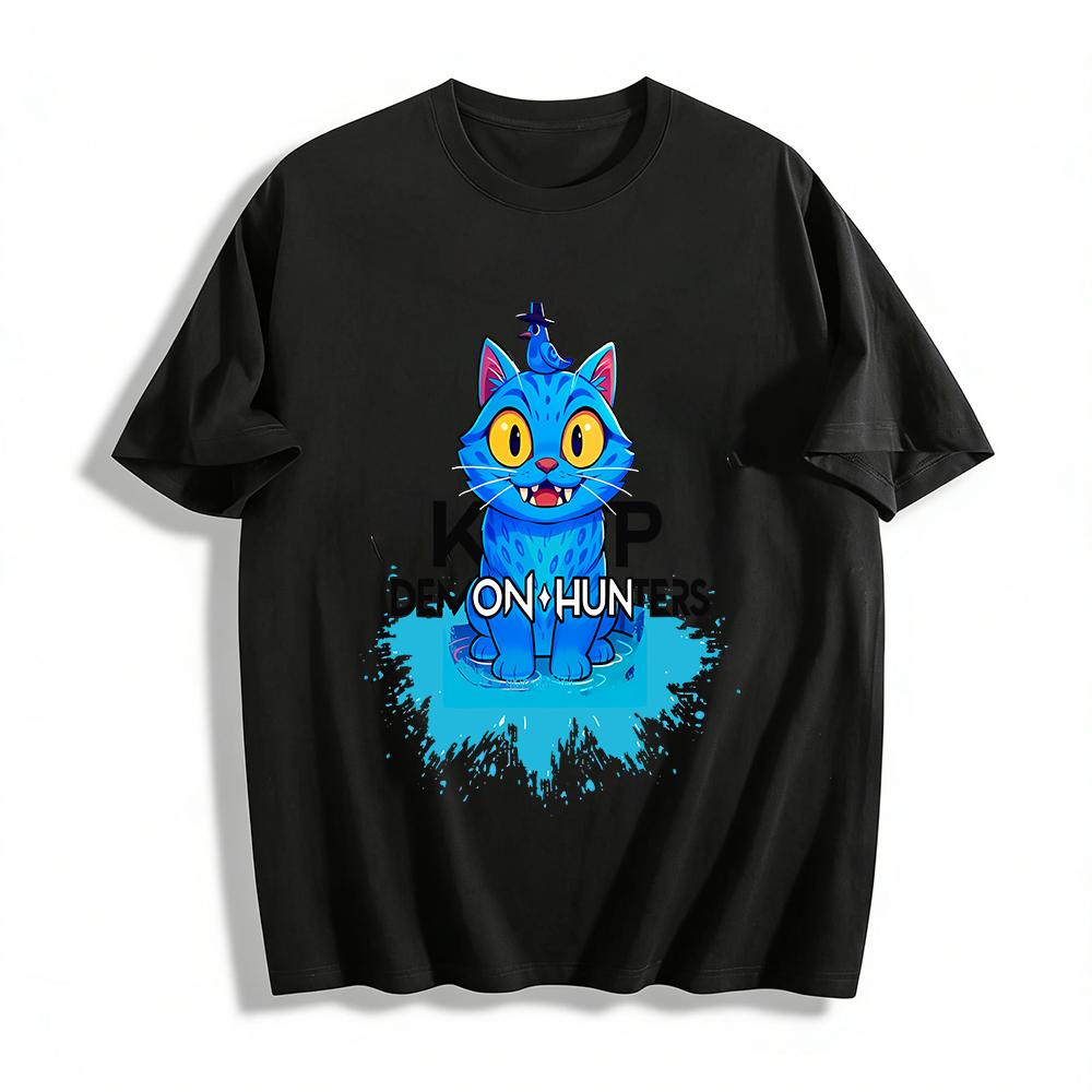 

KP Demon Hunters Blue Cat Print T-shirt Unisex Casual Loose Fit Daily Wear Top Pure cotton T-shirt XXS