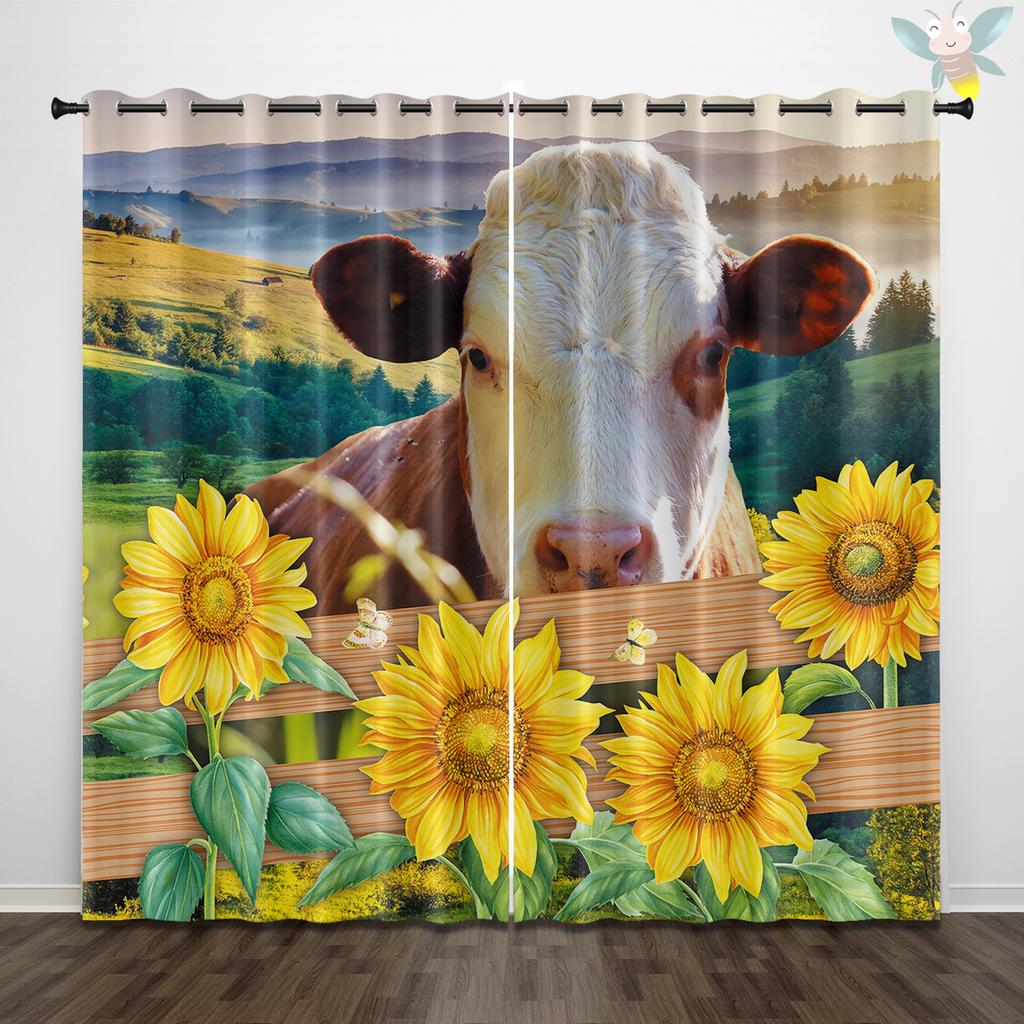 2 pieces of sunflower and cow pattern printed curtains, decorated in a retro rural style for bedrooms and living rooms