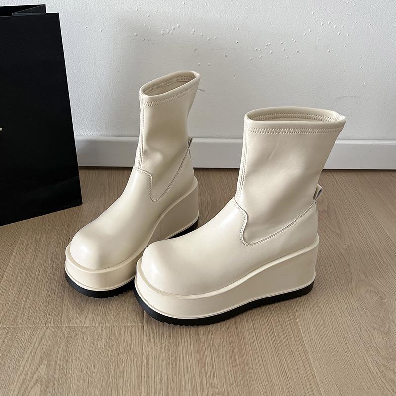 

Белые ботильоны с круглым носком, на тонкой танкетке, на толстой подошве, женские, лето и осень 2025, новые, универсальные, увеличивающие рост, тонкие ботинки Мартин 40 бежевый