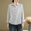 Women's Turn Down Collar Long Sleeve Shirt Loose Fit Vintage Stripe Cotton Linen Casual Blouse