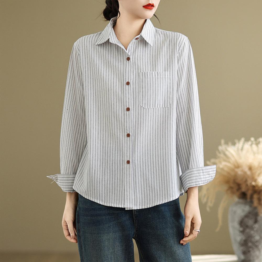 Women's Turn Down Collar Long Sleeve Shirt Loose Fit Vintage Stripe Cotton Linen Casual Blouse